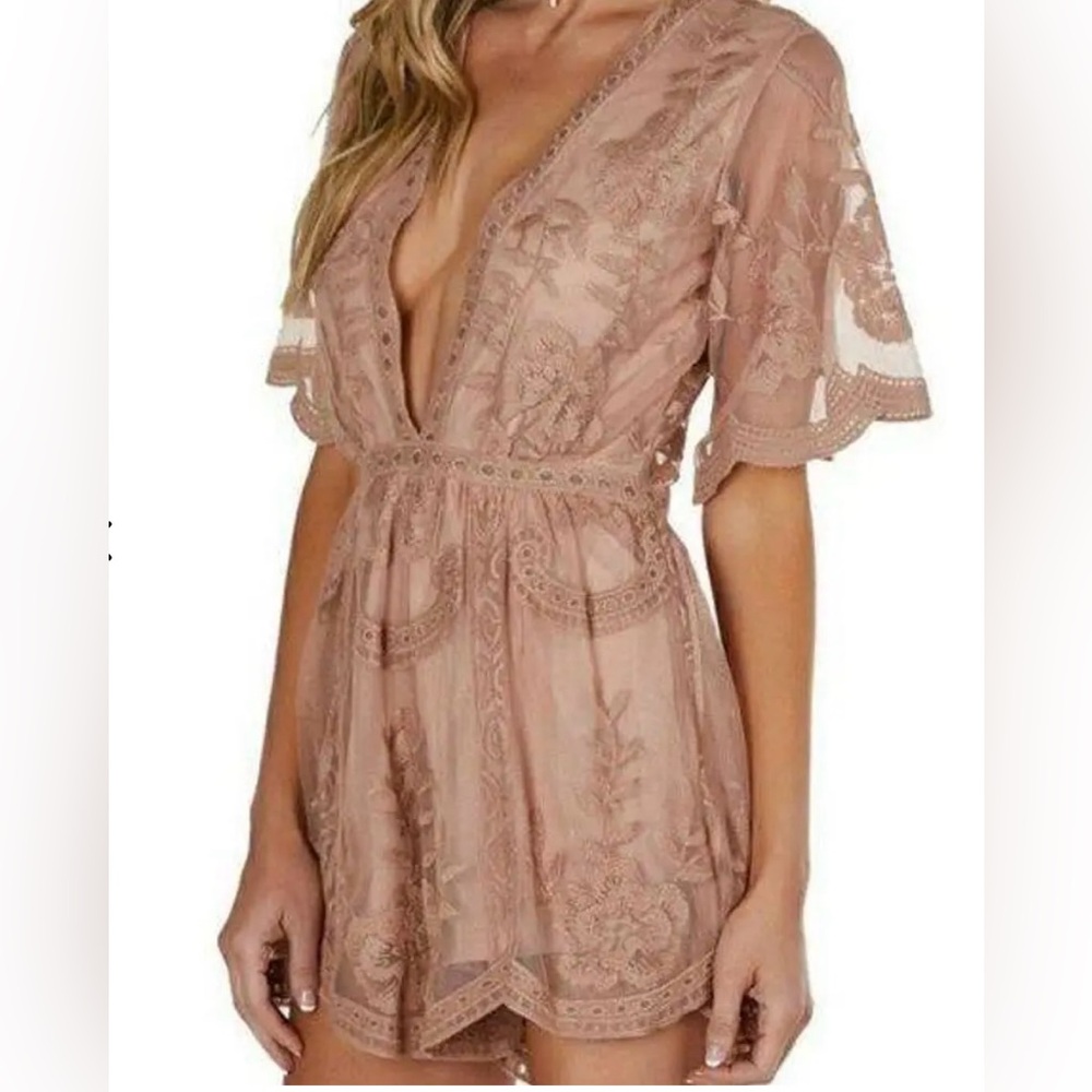 Socialite Women's Dark Mauve Nude
Embroidered Mesh Overlay Romper Size M